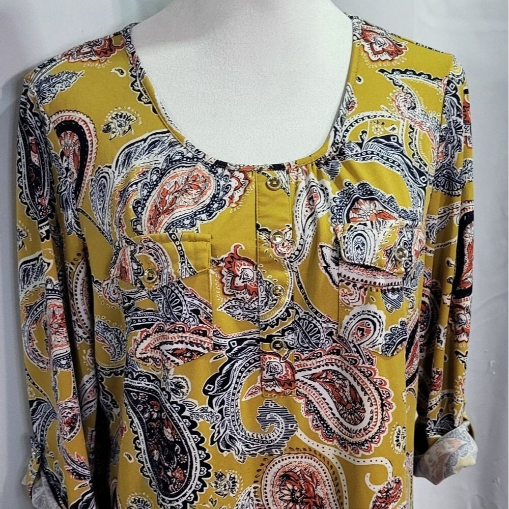 PerSeption Concept Women's Yellow Paisley Print Roll Tab 3/4 Sleeve Blouse Sz XL - Picture 5 of 11
